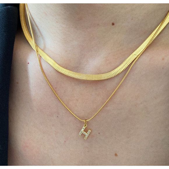 18K Gold Plated Double Layered Initial Letter H Bold Snake Herringbone Necklace - Picture 1 of 4